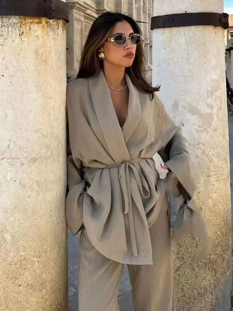 חליפת פשתן שני חלקים חולצת קשירה ומכנסיים ארוכים - אווה