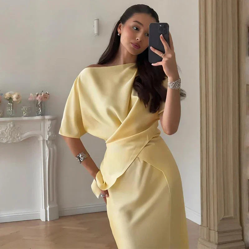 סט סאטן שני חלקים חולצת קשירה בעיצוב קרוס וחצאית מקסי - ליבי