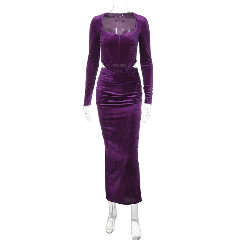 סט שני חלקים קטיפה חולצה וחצאית מקסי צמודה - מירנדה