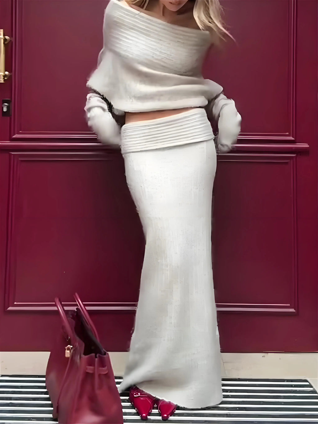 סט סריג שני חלקים חולצת כתפיים חשופות וחצאית מקסי - אילונה