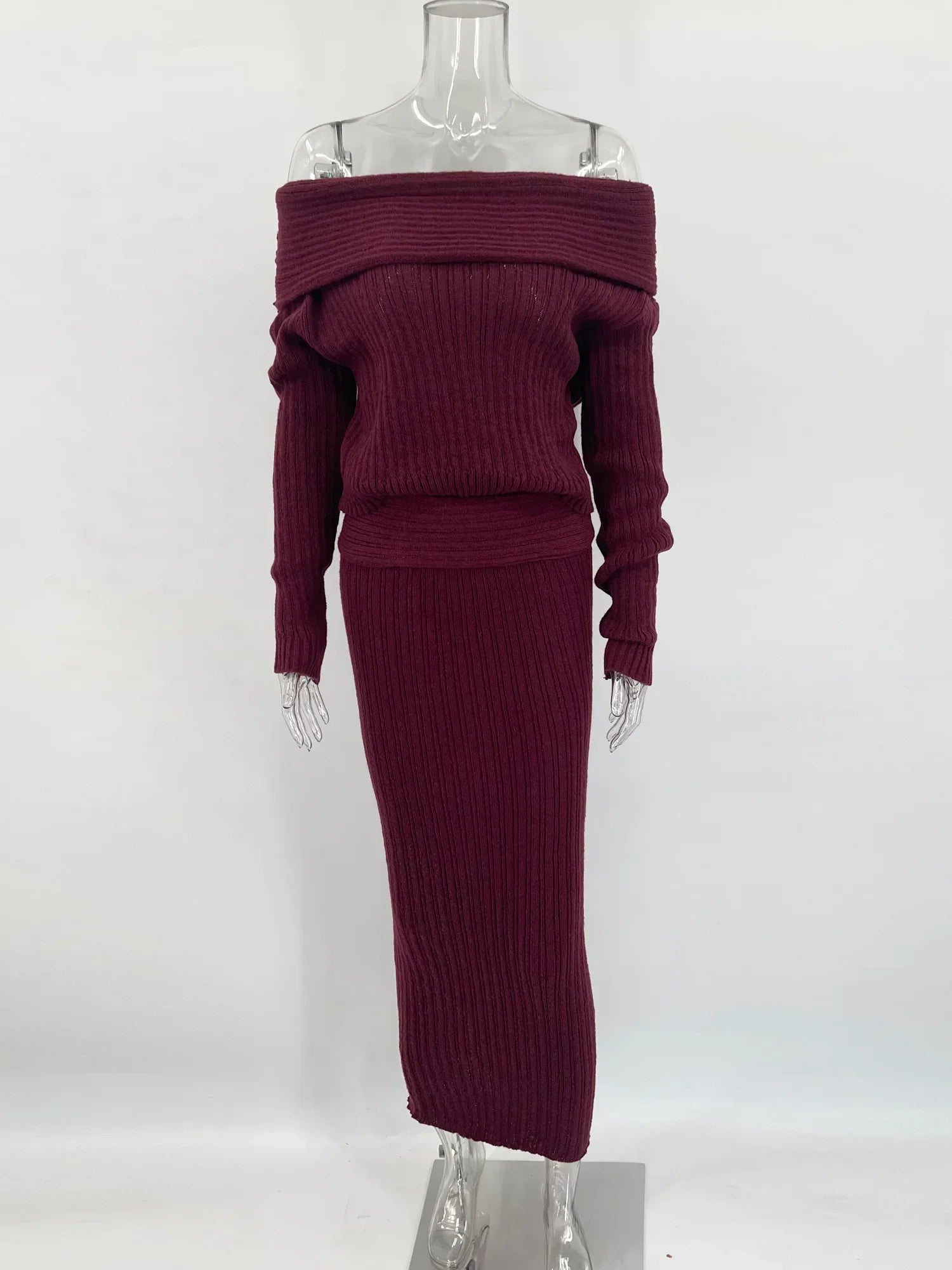 סט סריג שני חלקים חולצת כתפיים חשופות וחצאית מקסי - אילונה