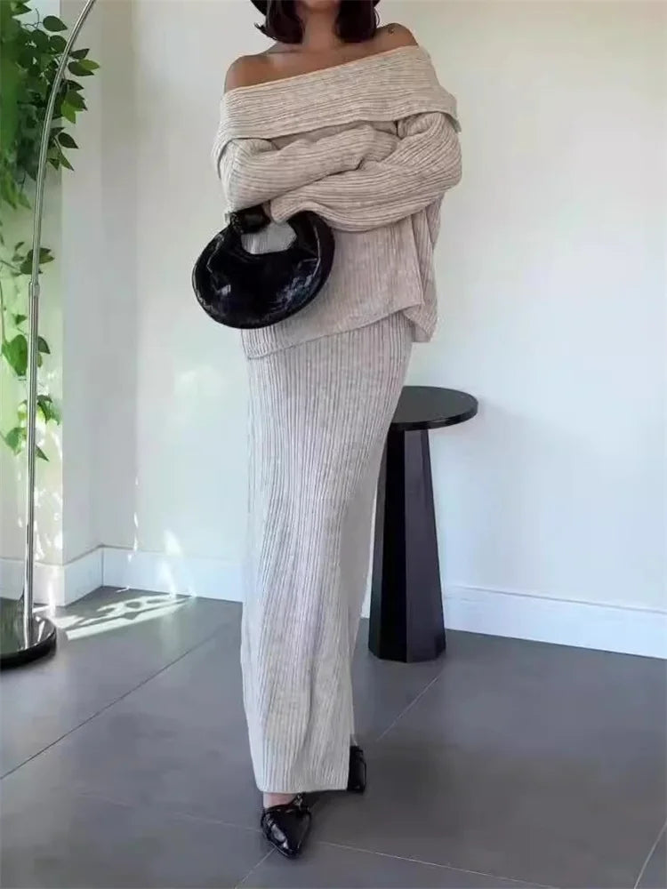 סט סריג שני חלקים חולצת כתפיים חשופות וחצאית מקסי - אילונה